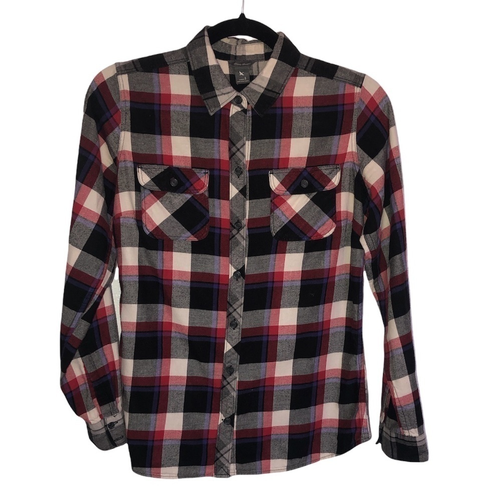 EDDIE BAUER Shirt Women's Small Red Blue 100% Cotton Button Up Flannel Print